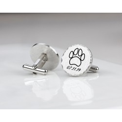 Groomsmen Gift, Personalized Cufflinks Custom, Round Cuff Links, Silver Paw & Date Cuflinks, Men's Gift Initial Letter Cuff Links